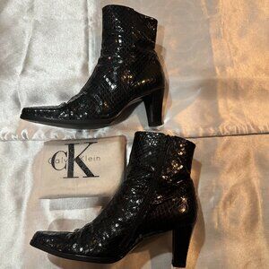 Vintage Y2K Calvin Klein Black Snakeskin Ankle Boots, Size 7M